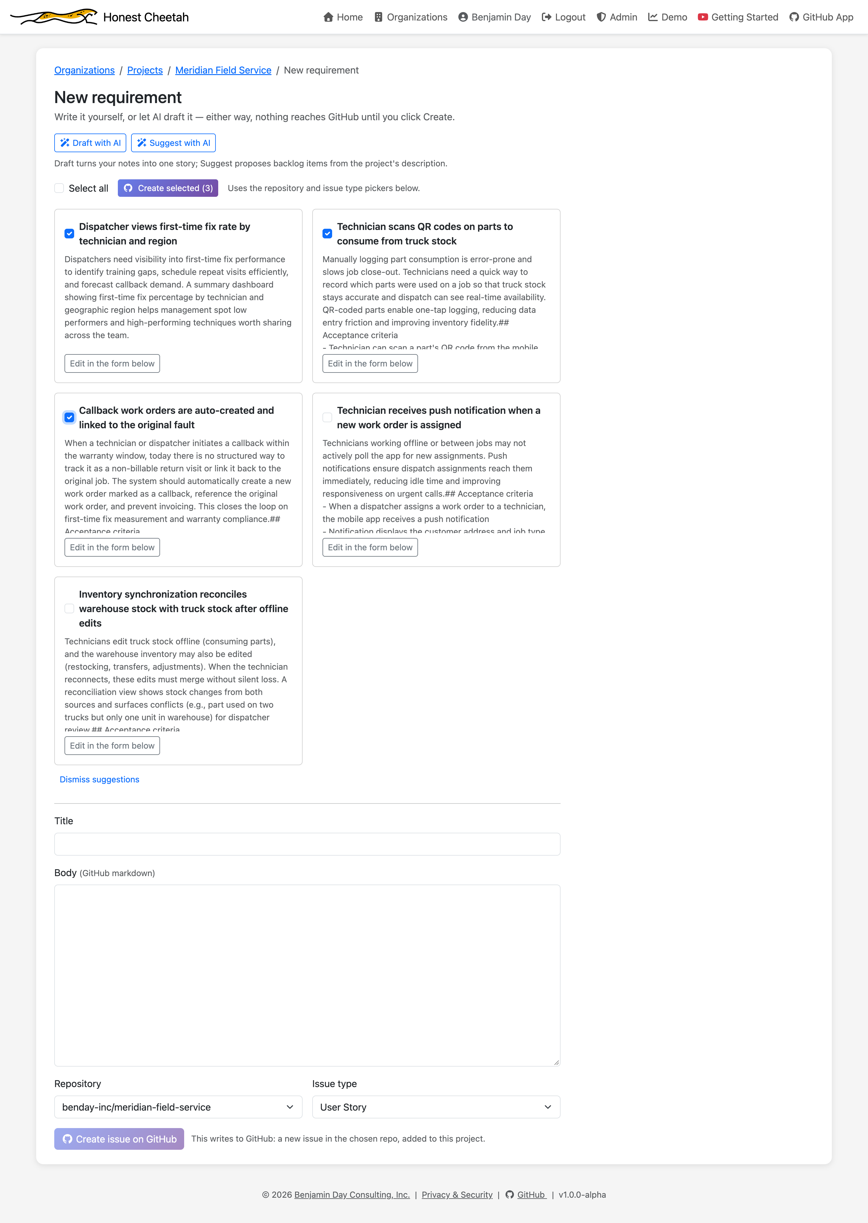 AI-suggested requirements shown as checkbox cards with a Create selected button that has not been clicked
