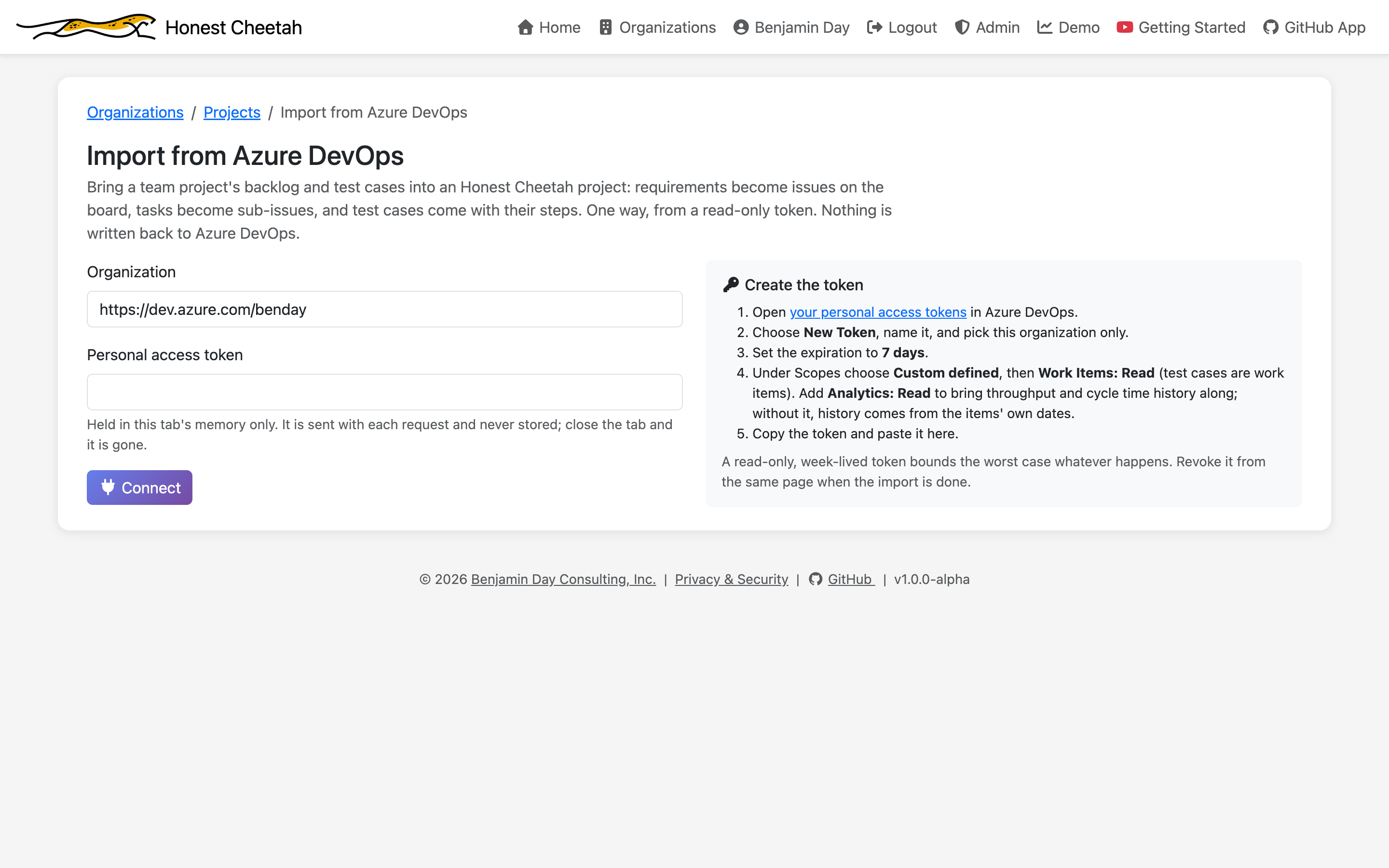 The Connect step: an organization URL, an empty personal access token field, and instructions for creating a read-only, week-lived token