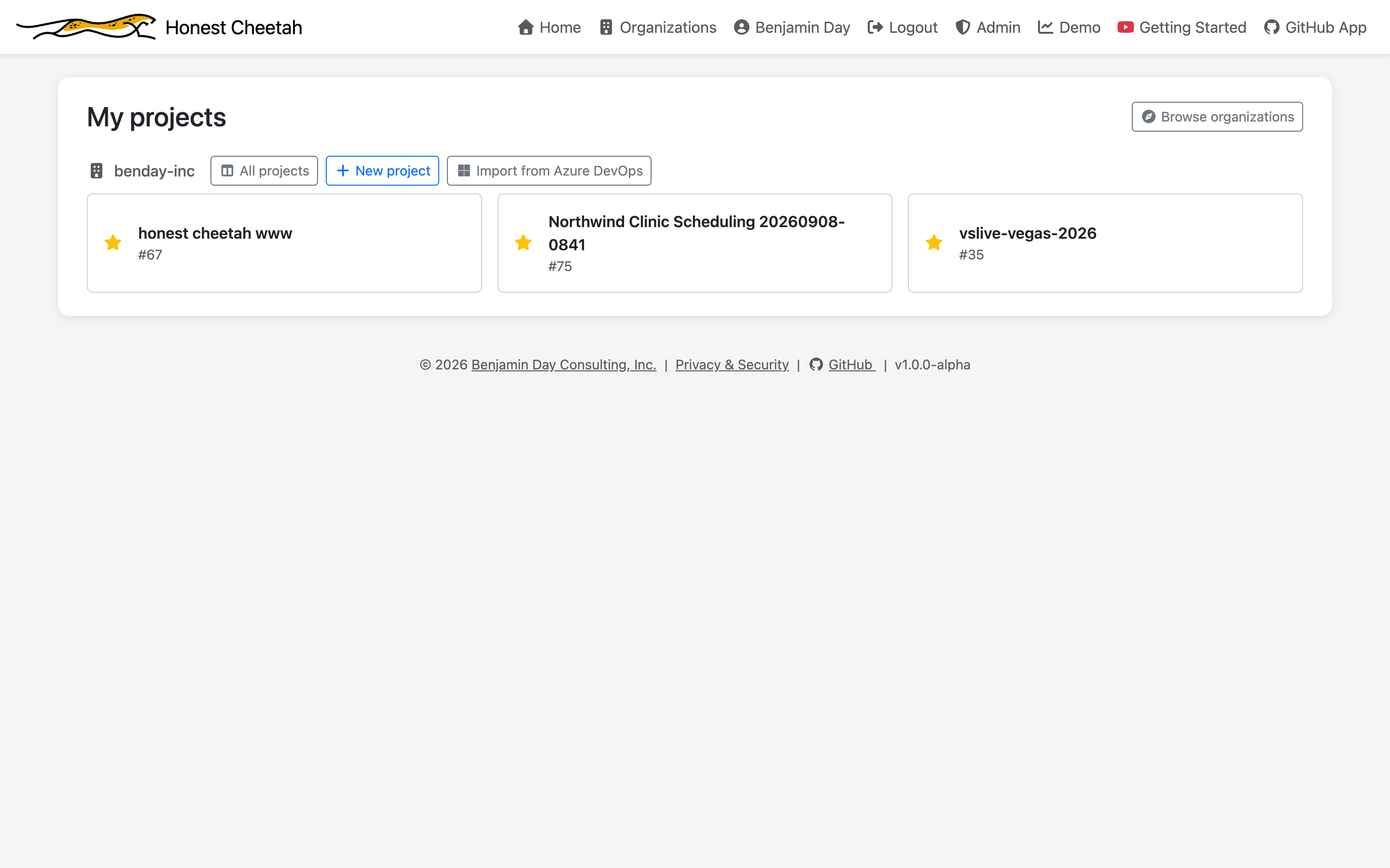 The My projects page with an Import from Azure DevOps button next to New project