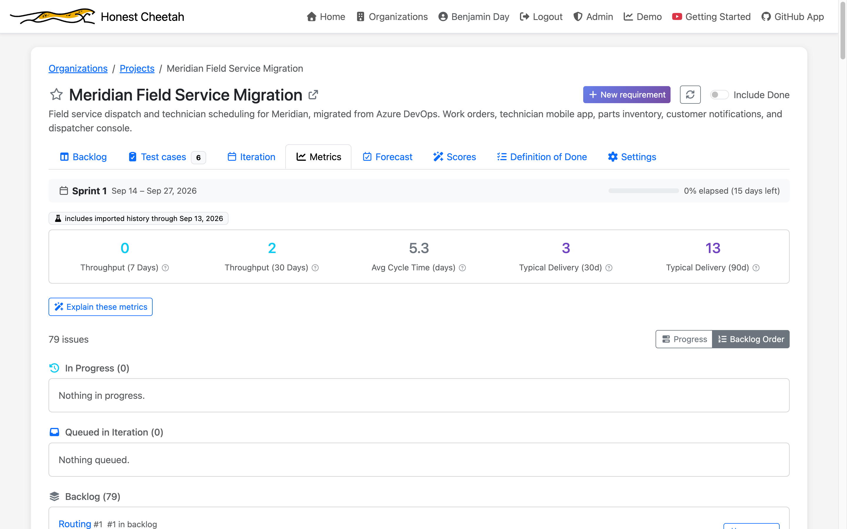The Metrics tab with a badge saying it includes imported history through September 13, 2026