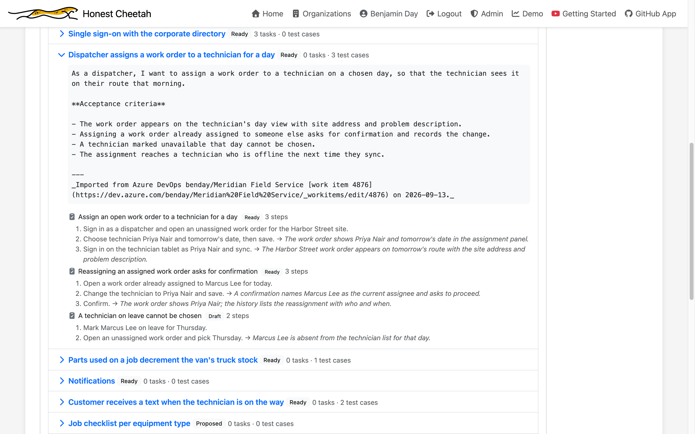 The preview with one requirement expanded: its description and acceptance criteria as GitHub Markdown, the origin footer linking back to the Azure DevOps work item, and three test cases with their steps