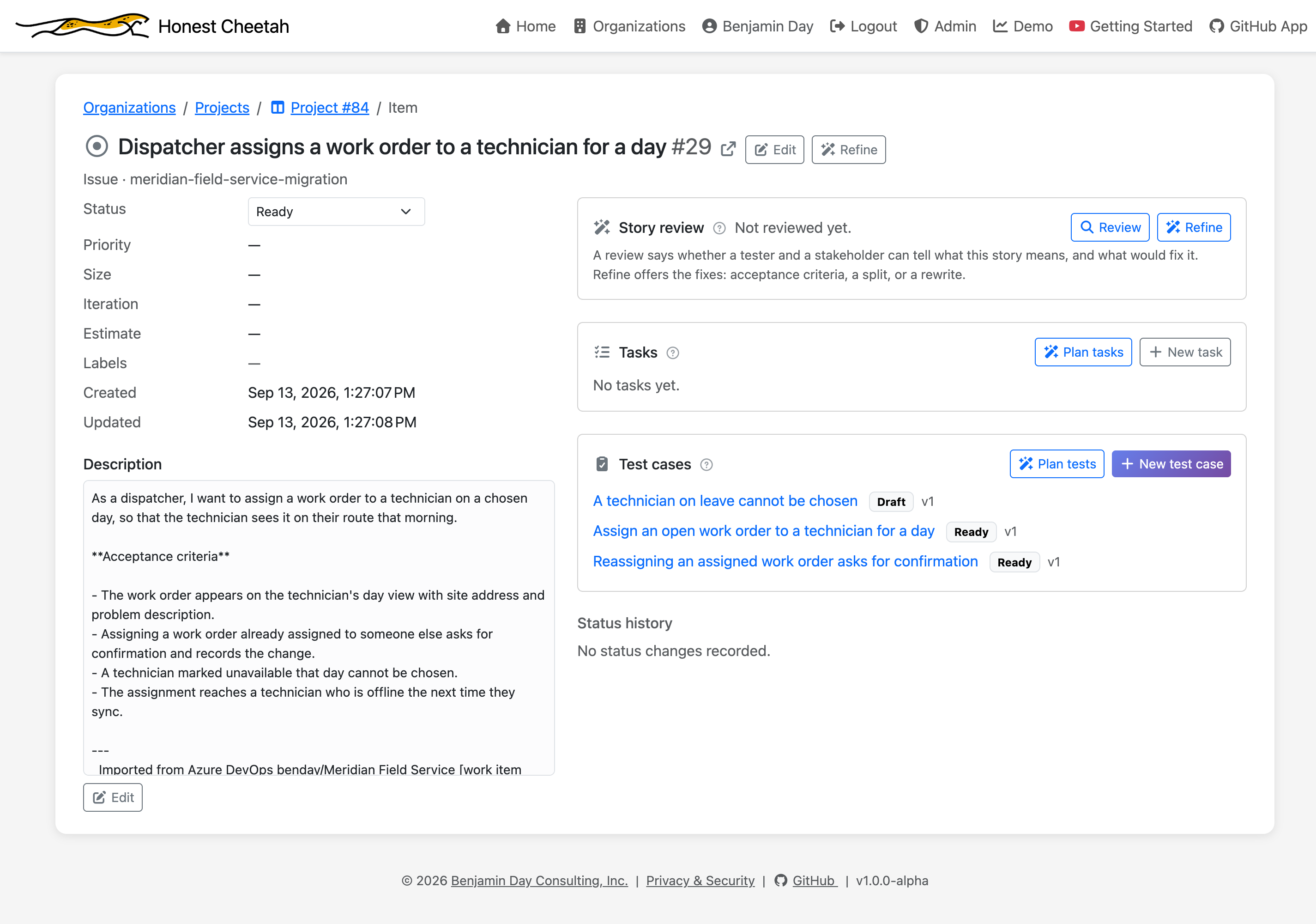 An imported requirement in Honest Cheetah with its three linked test cases and the origin footer at the end of its description
