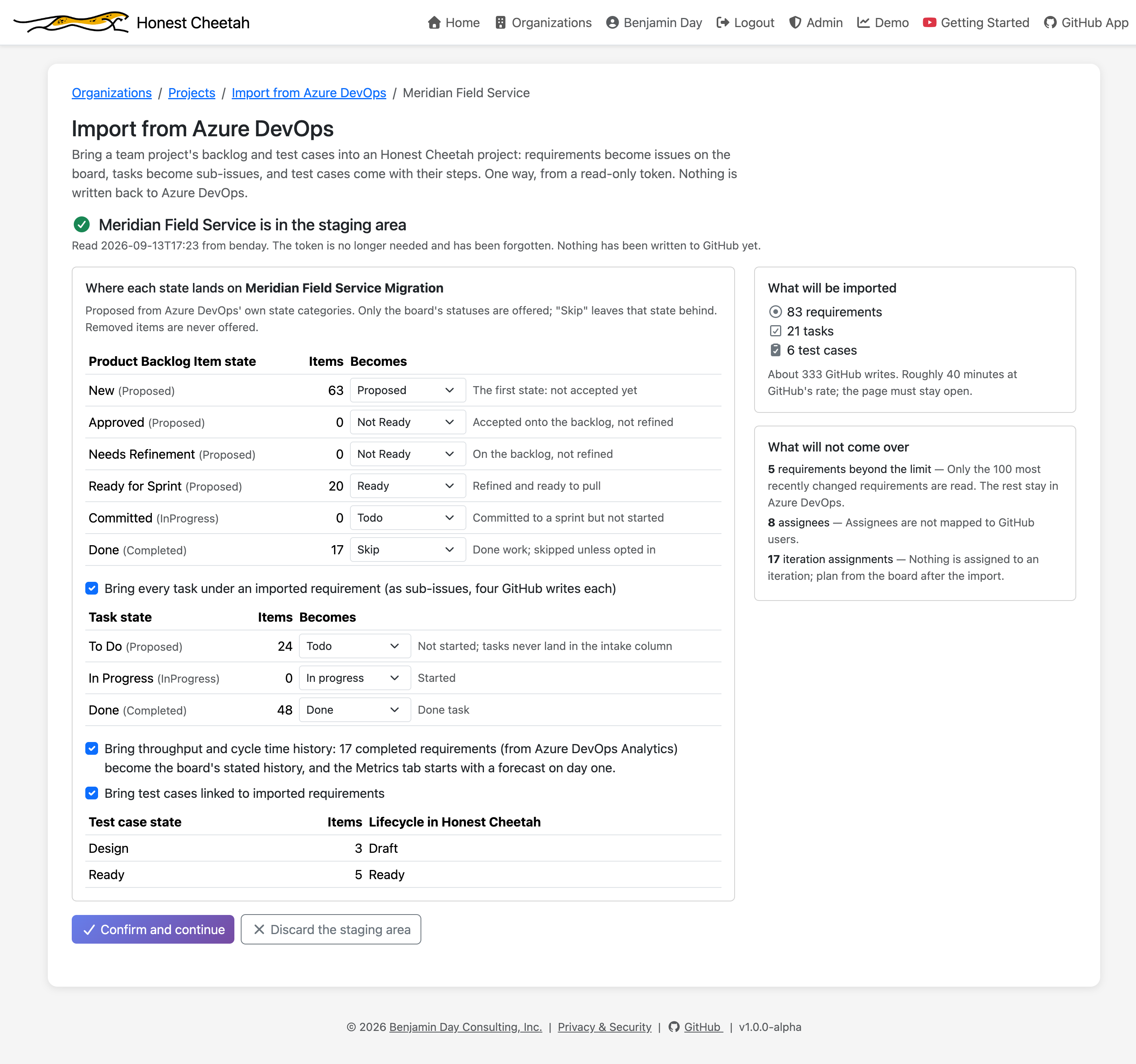 The import's review step: each Azure DevOps state with its count mapped onto the board's statuses, toggles for tasks, history, and test cases, and a panel saying 83 requirements, 21 tasks, and 6 test cases will be imported in about 40 minutes