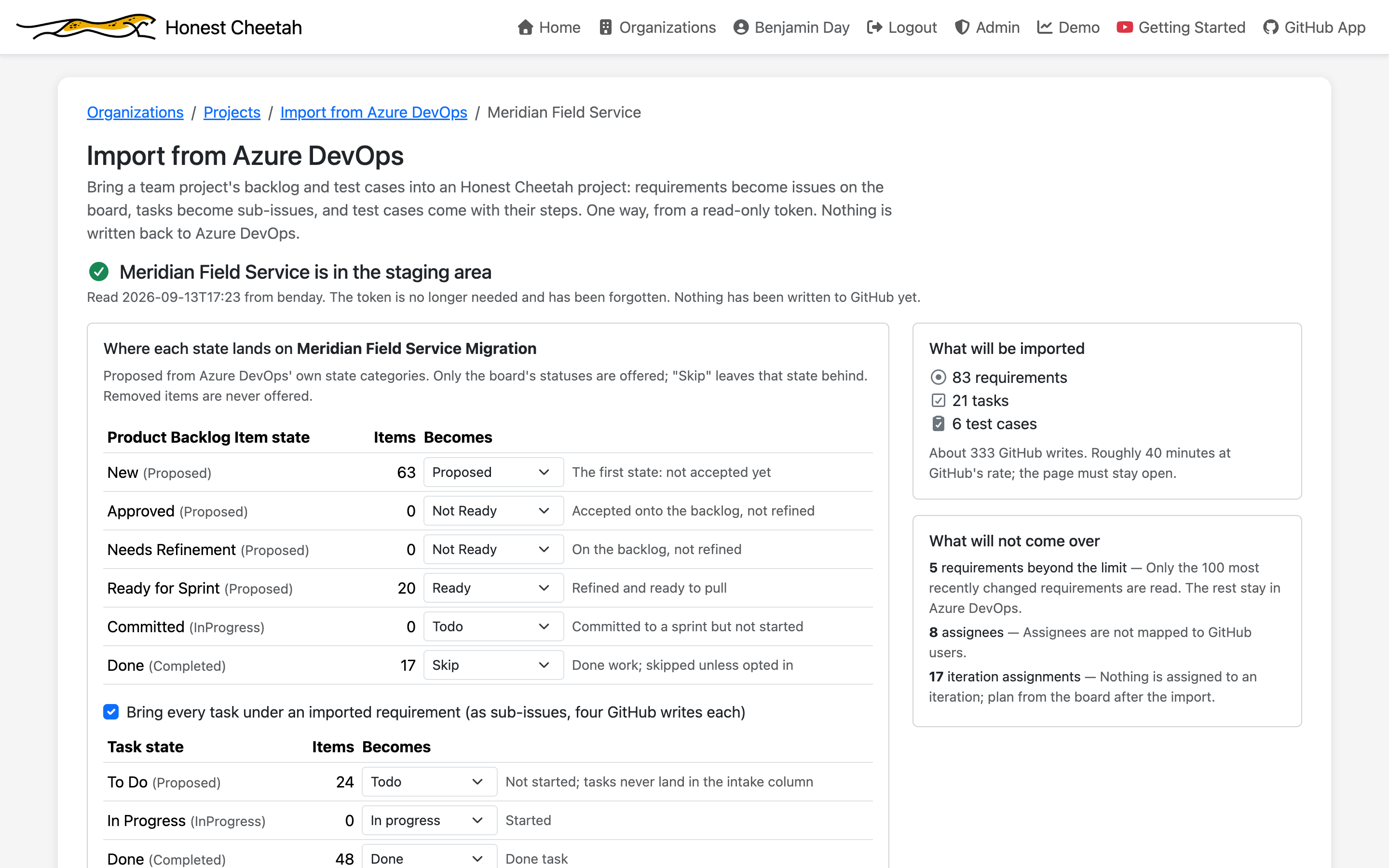 The What will not come over panel listing requirements beyond the limit, assignees, and iteration assignments with counts