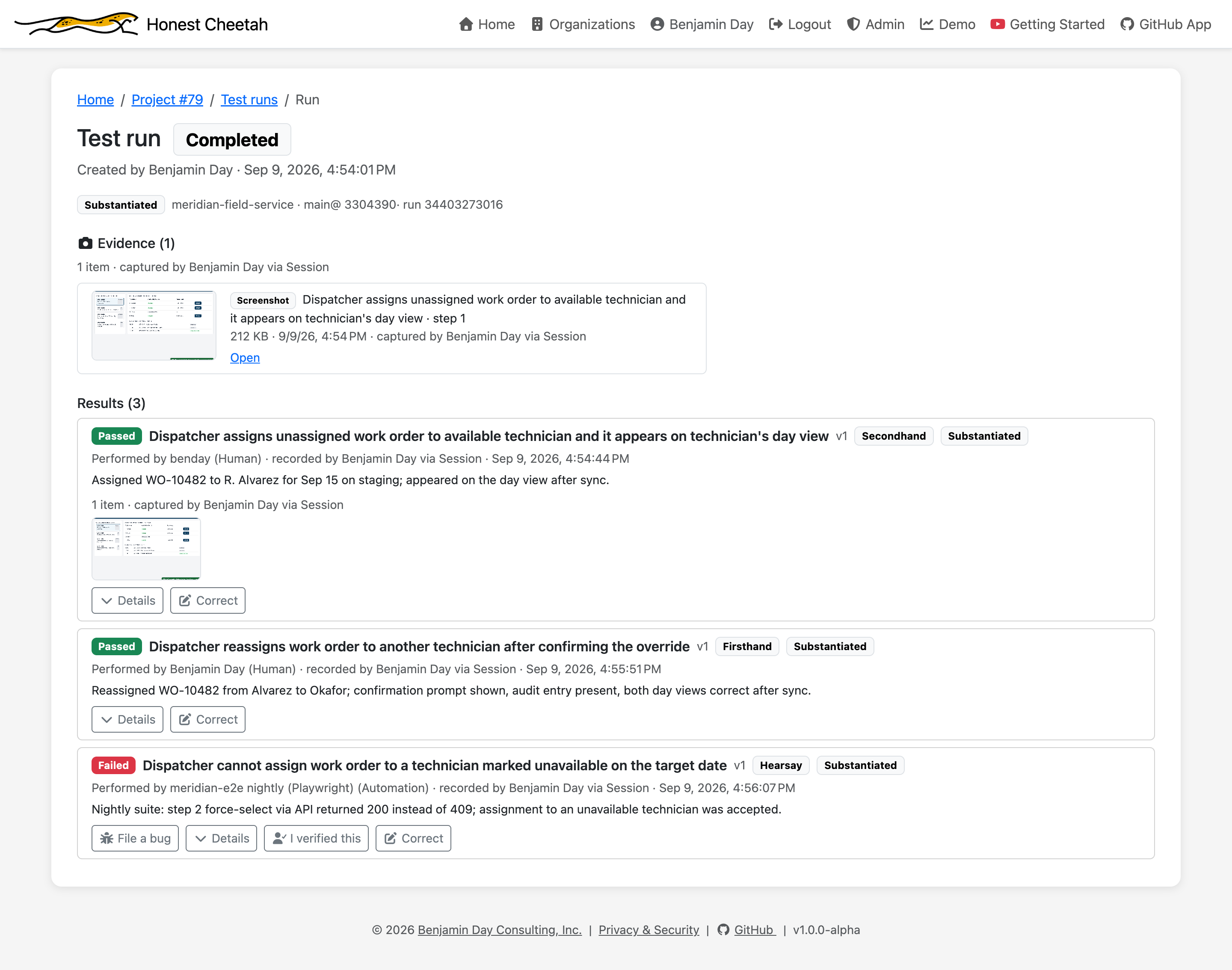 A completed test run with three results labelled Secondhand, Firsthand, and Hearsay, each bound to a GitHub Actions run