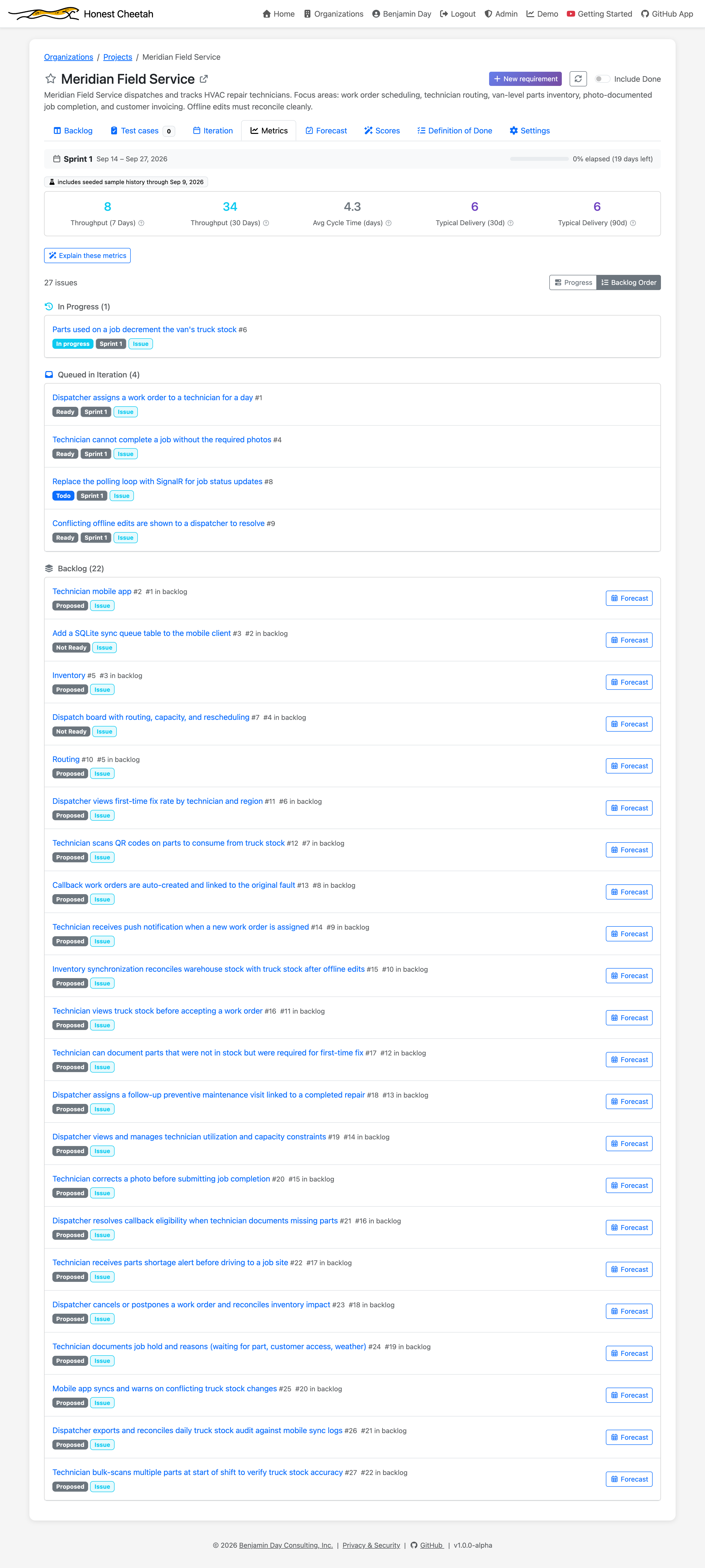 The Metrics tab with throughput and cycle time tiles, a seeded badge, and the week-by-week table