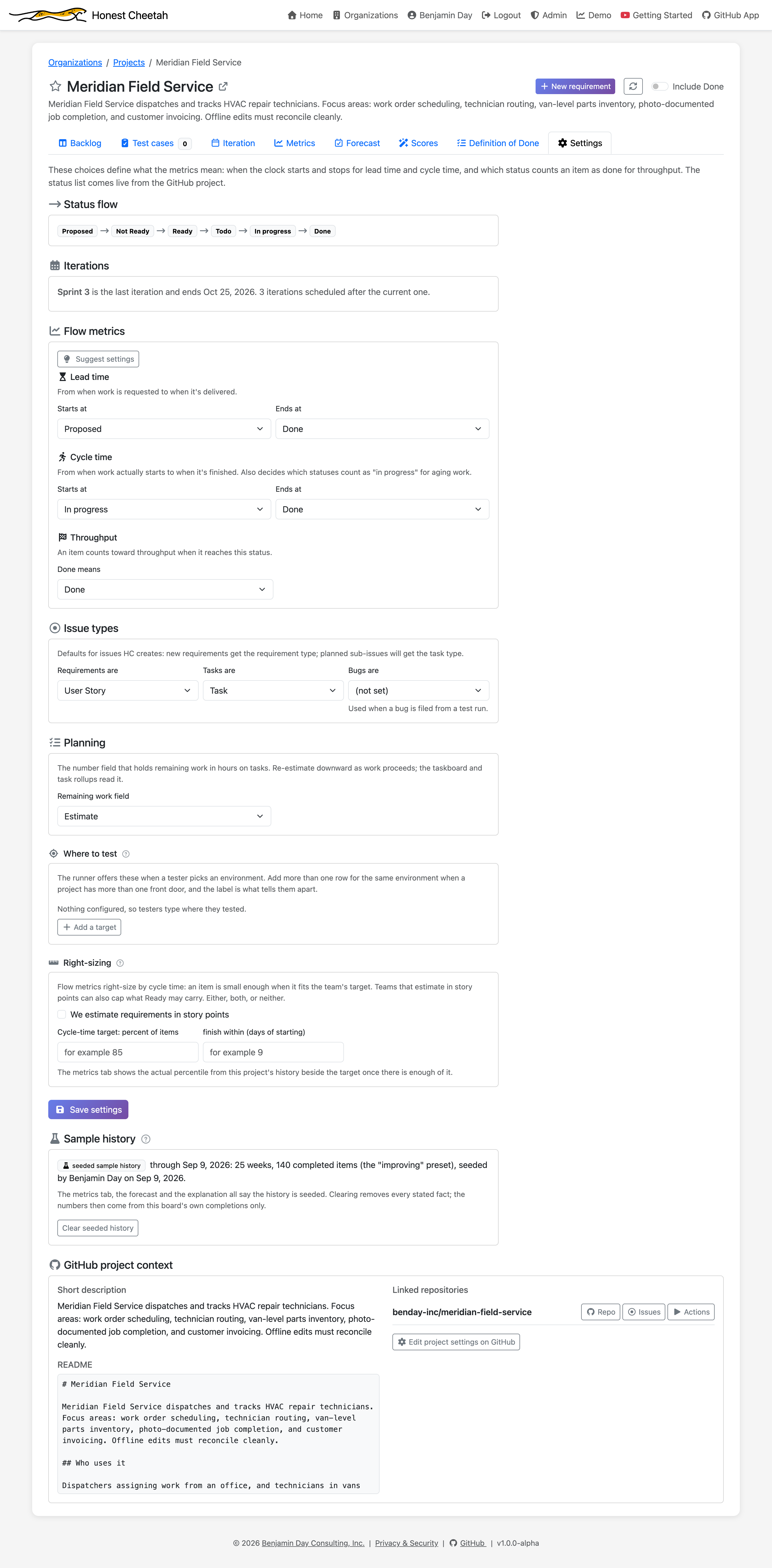 The Sample history section of Settings showing the seeded preset and a Clear button