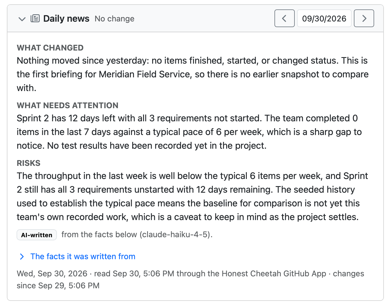 The Daily news card on a project backlog with What changed, What needs attention, and Risks sections