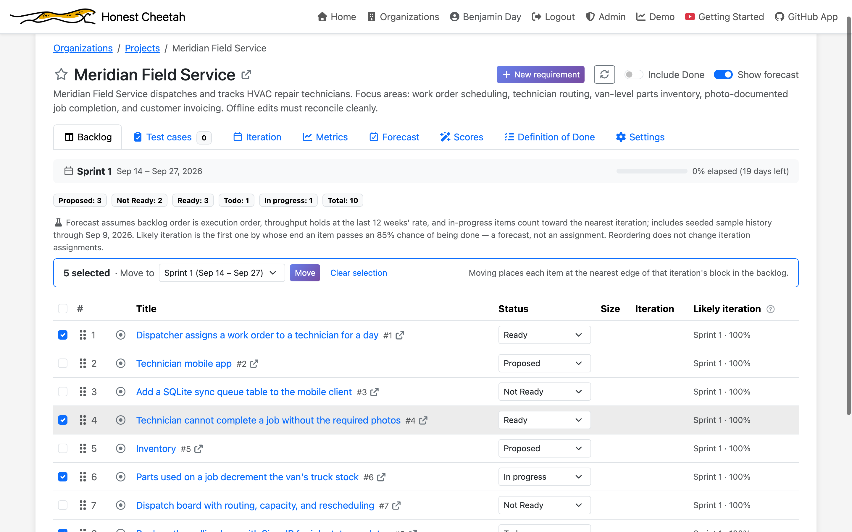 The backlog with five items checked and a Move to Sprint 1 control in the planning bar