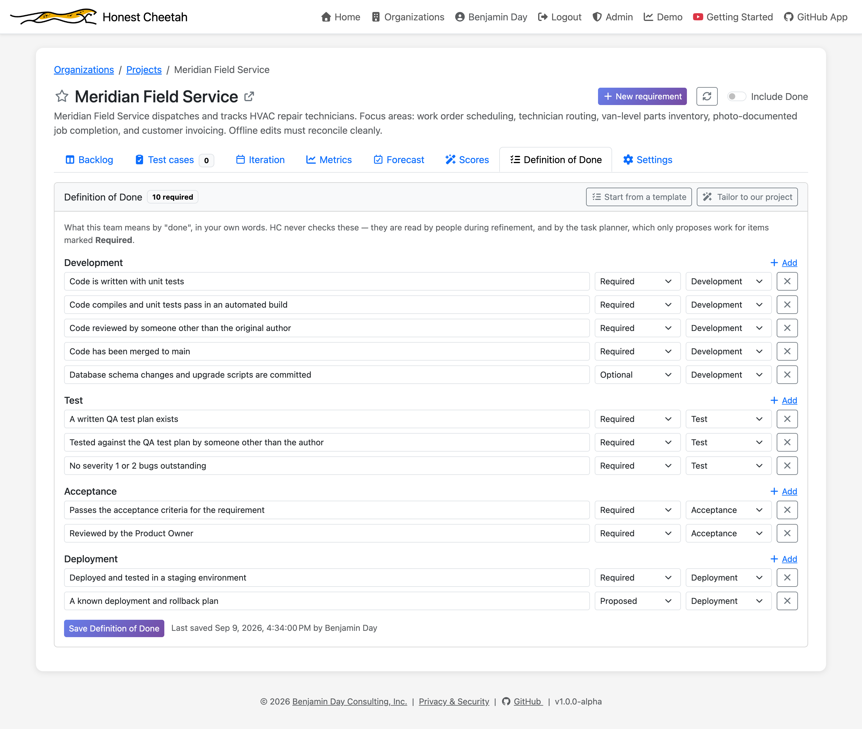 The Definition of Done tab with items marked Required, Optional, and Proposed across four categories
