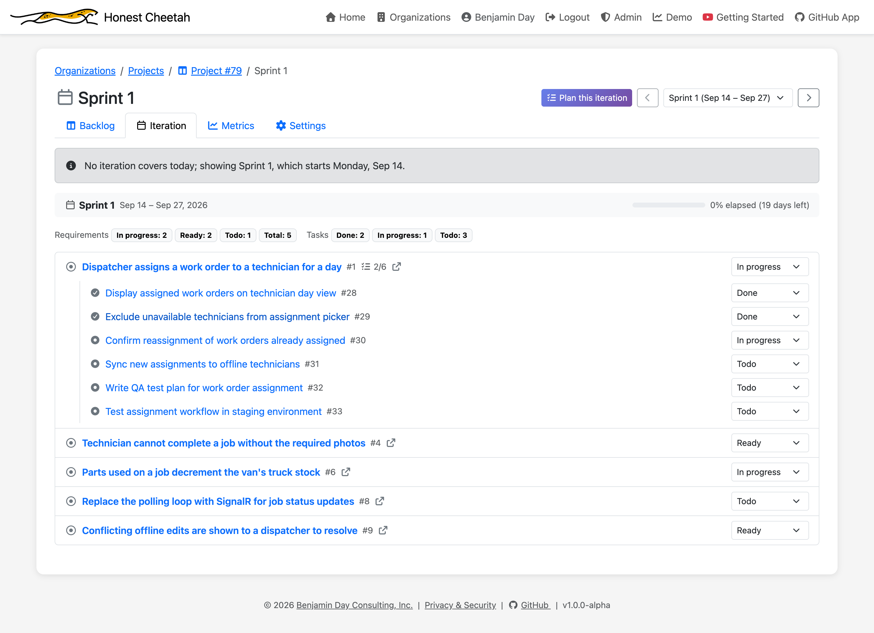 An iteration page showing requirements with nested tasks, status counts, and an elapsed bar with days remaining