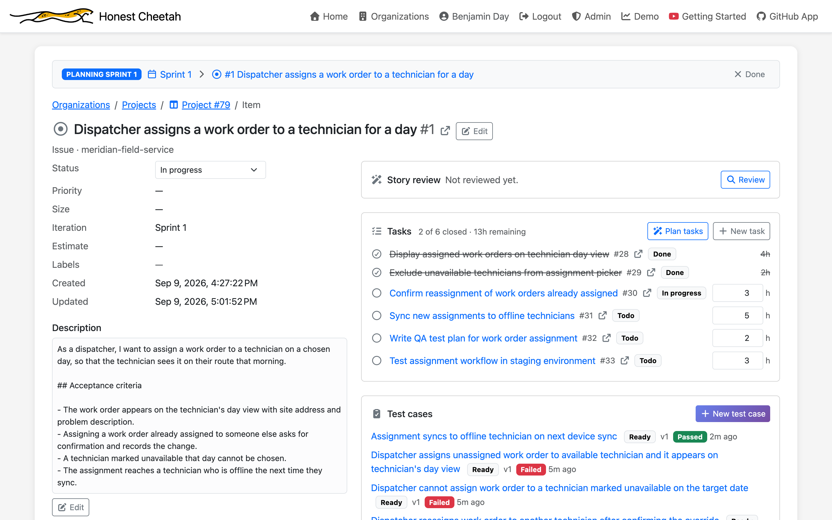 A requirement opened from iteration planning mode with the planning bar showing the sprint being planned