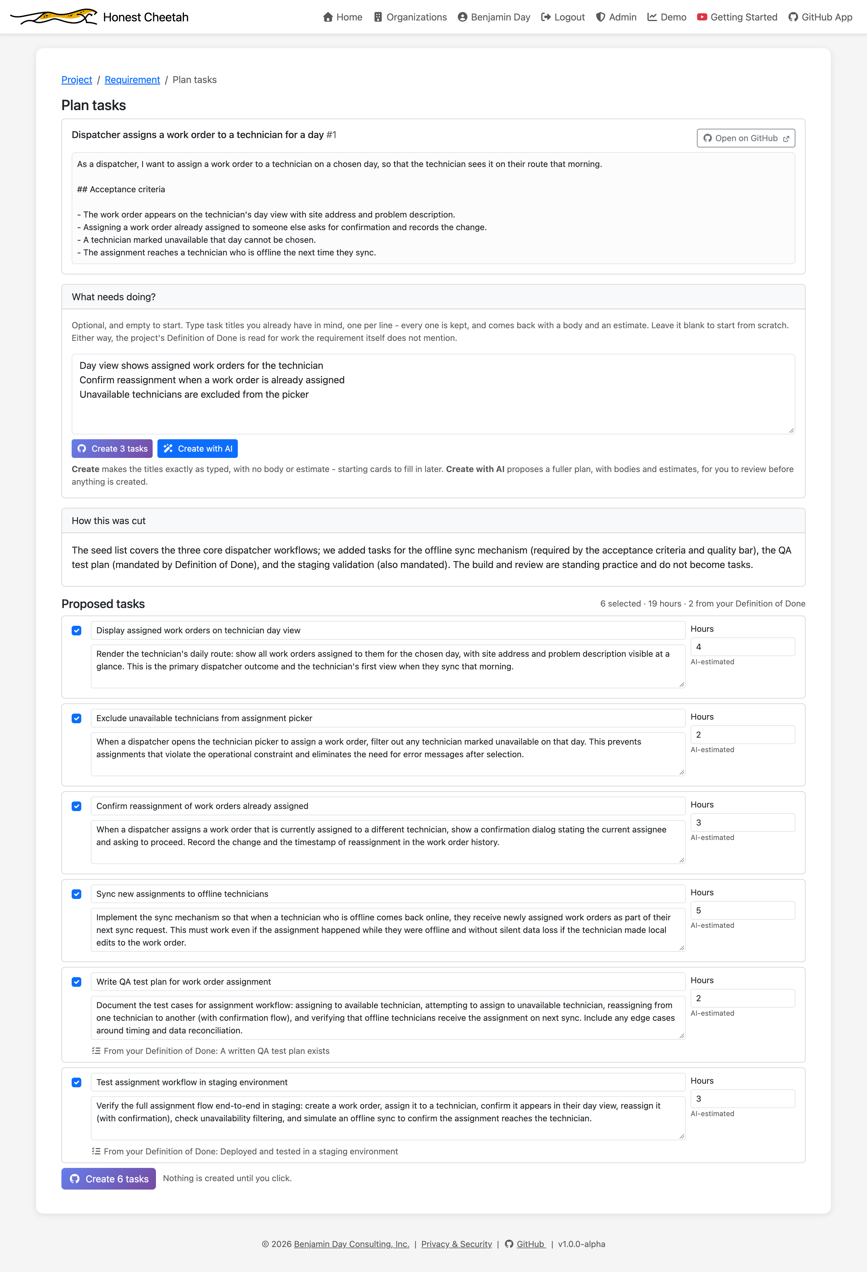 An AI-proposed task breakdown showing how the work was cut, six tasks with hours, and two tasks attributed to the Definition of Done