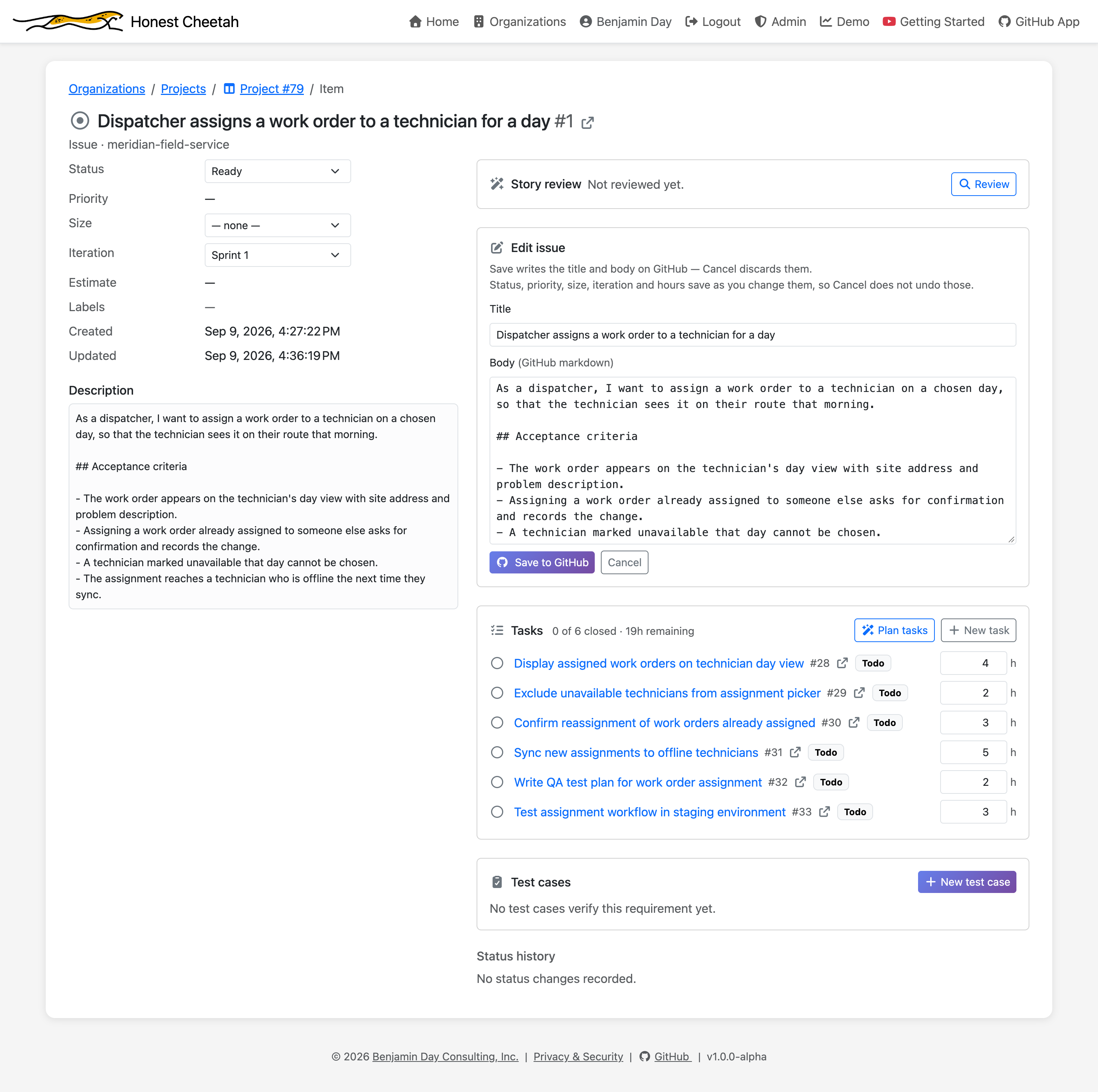 A requirement in edit mode with title, body, and status, size, and iteration fields