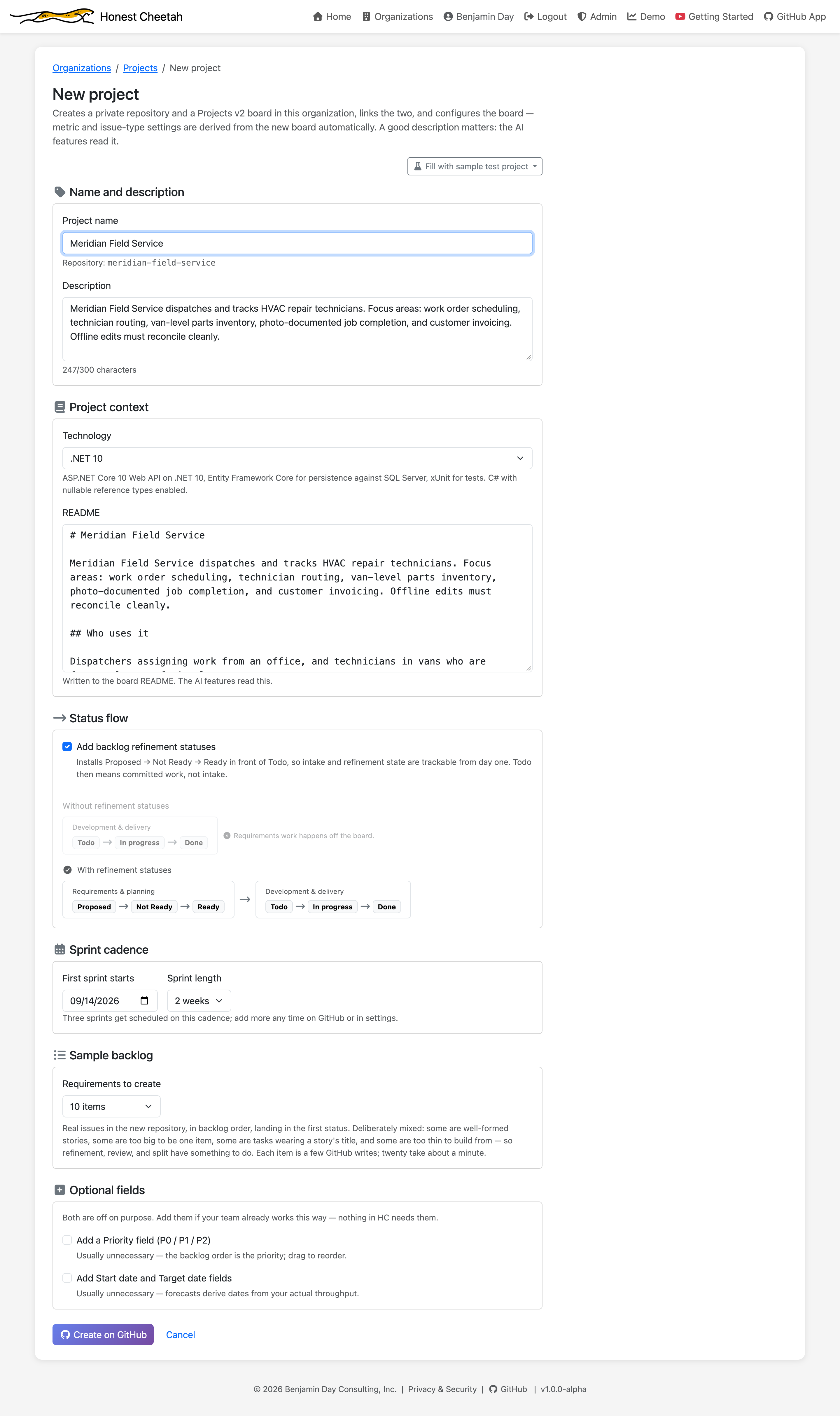 The project factory form with a sample project, .NET 10, refinement statuses, two-week sprints, and a ten-item sample backlog selected