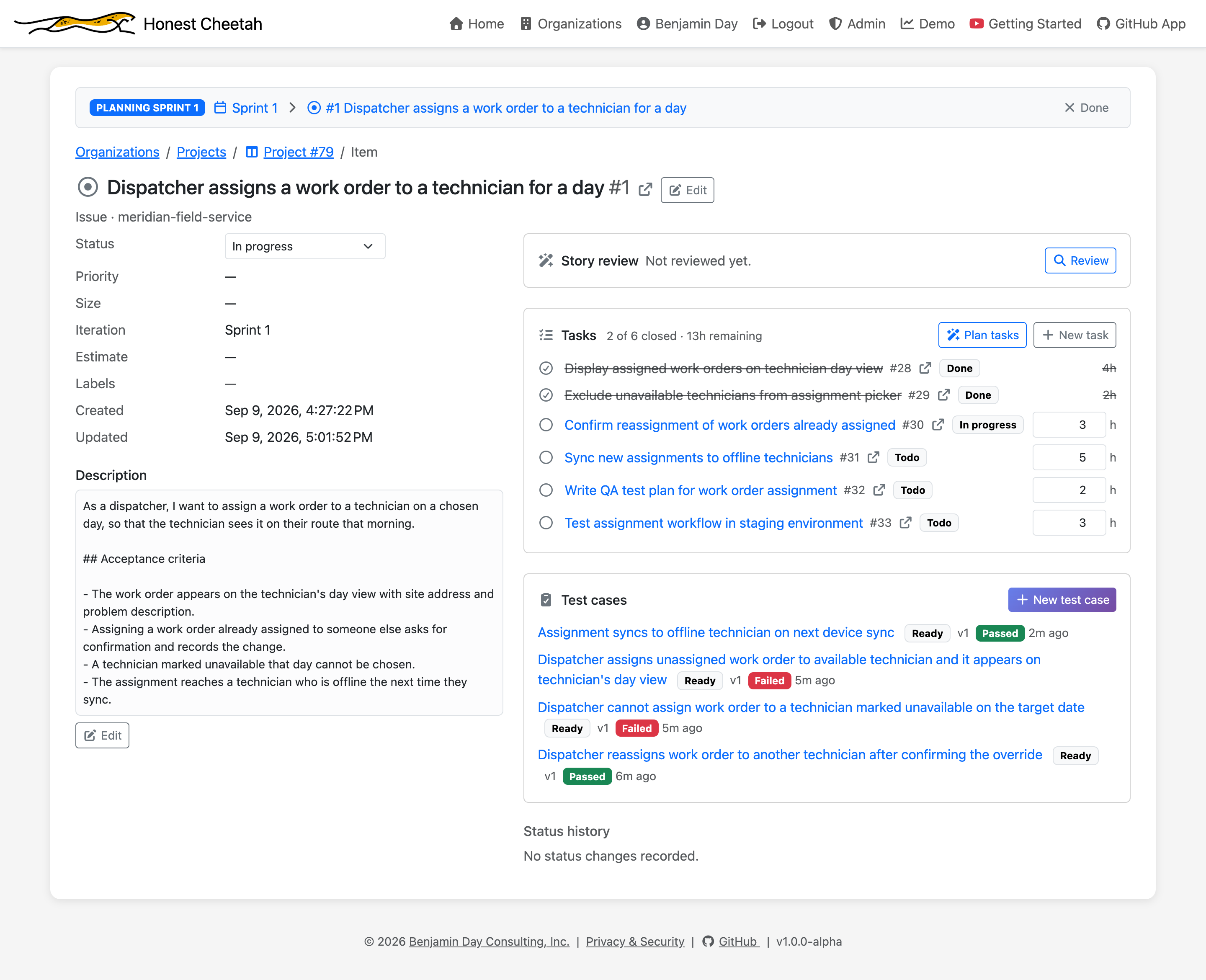 A requirement's tasks with hours per task, closed tasks struck through, and a 2 of 6 closed rollup