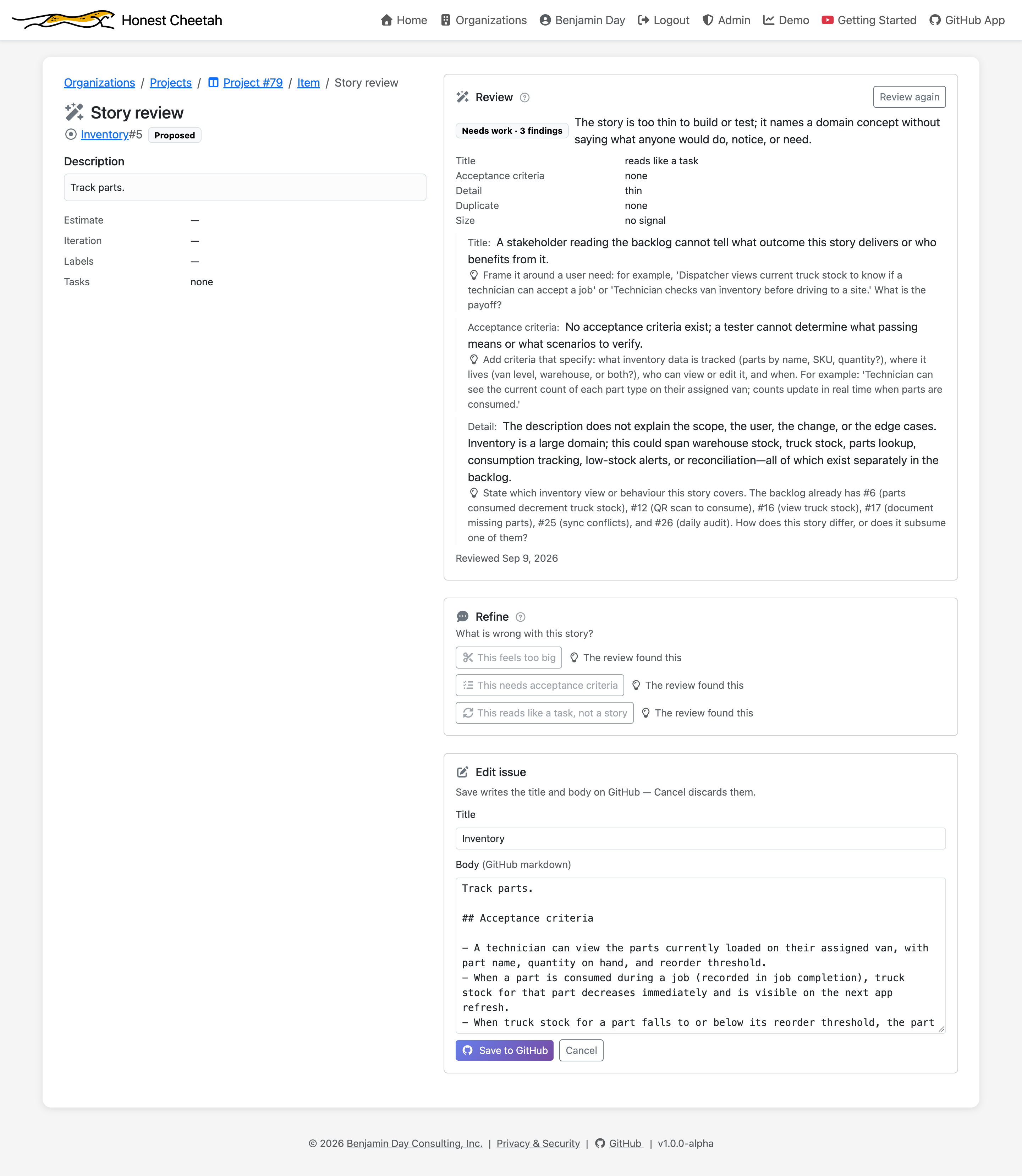 The story editor with drafted acceptance criteria and a Save to GitHub button
