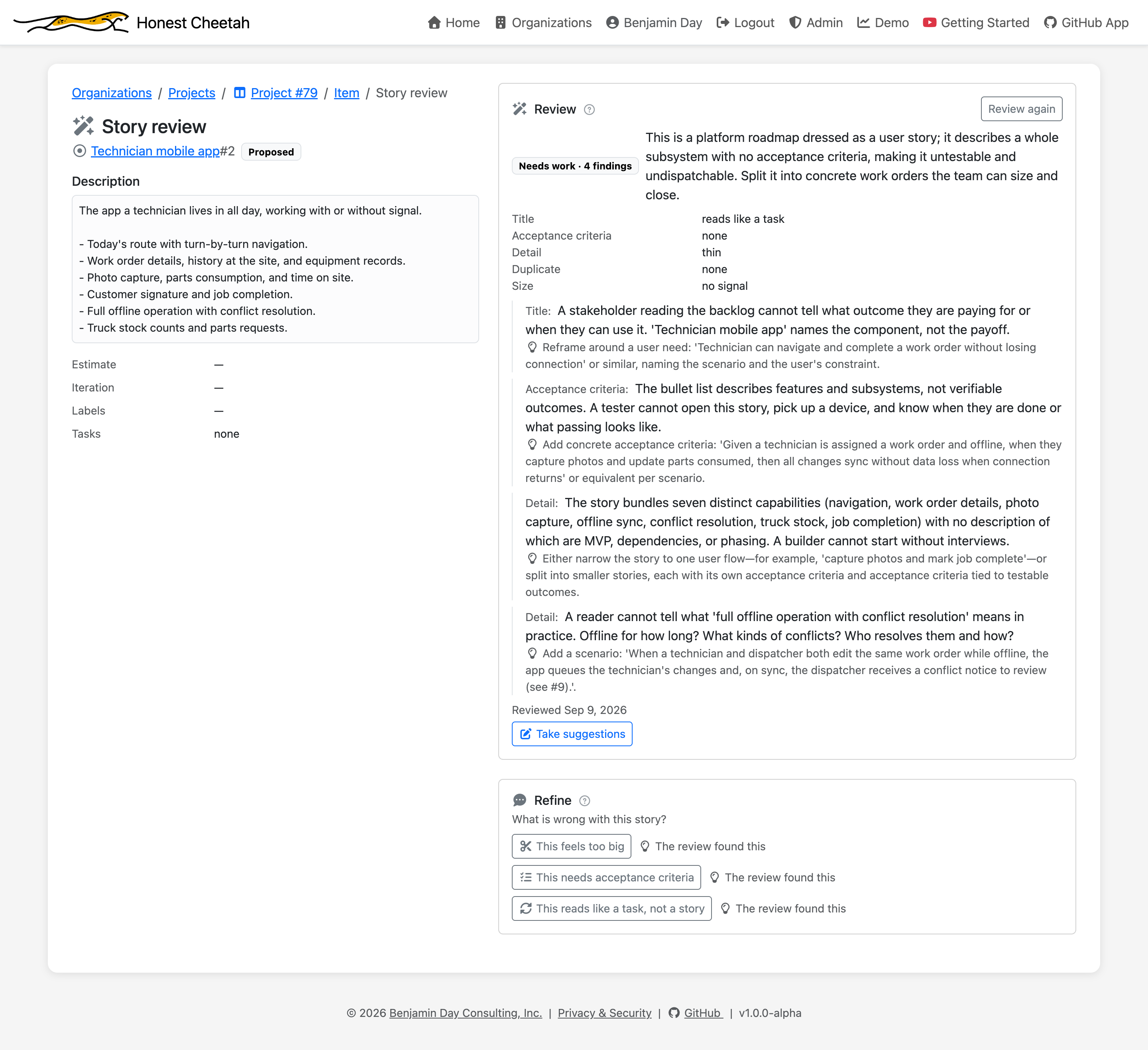 A story review showing a Needs work verdict with four findings, five verdict rows, and suggestions for each finding