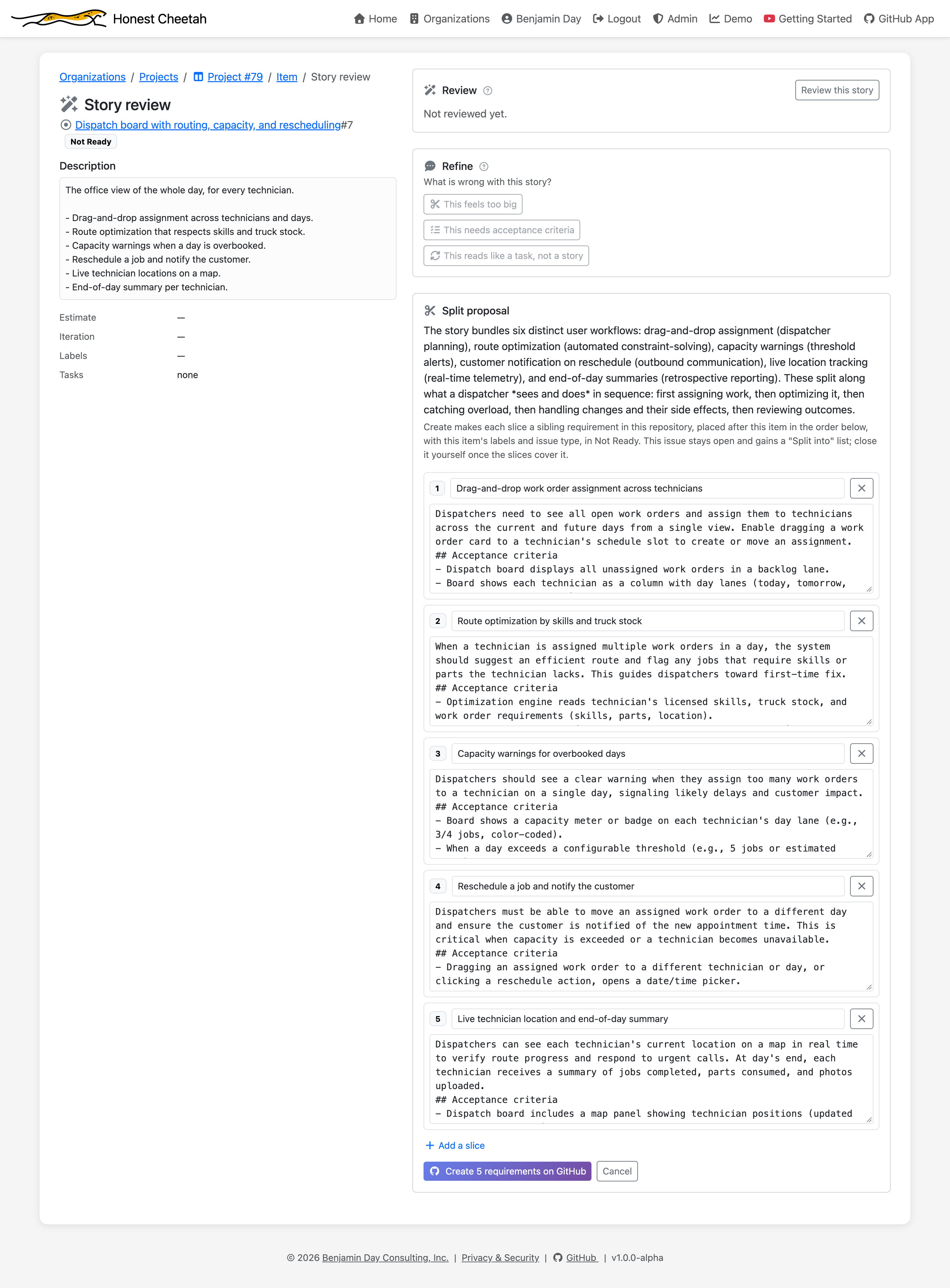 A split proposal showing the rationale and five editable thinner stories before creation