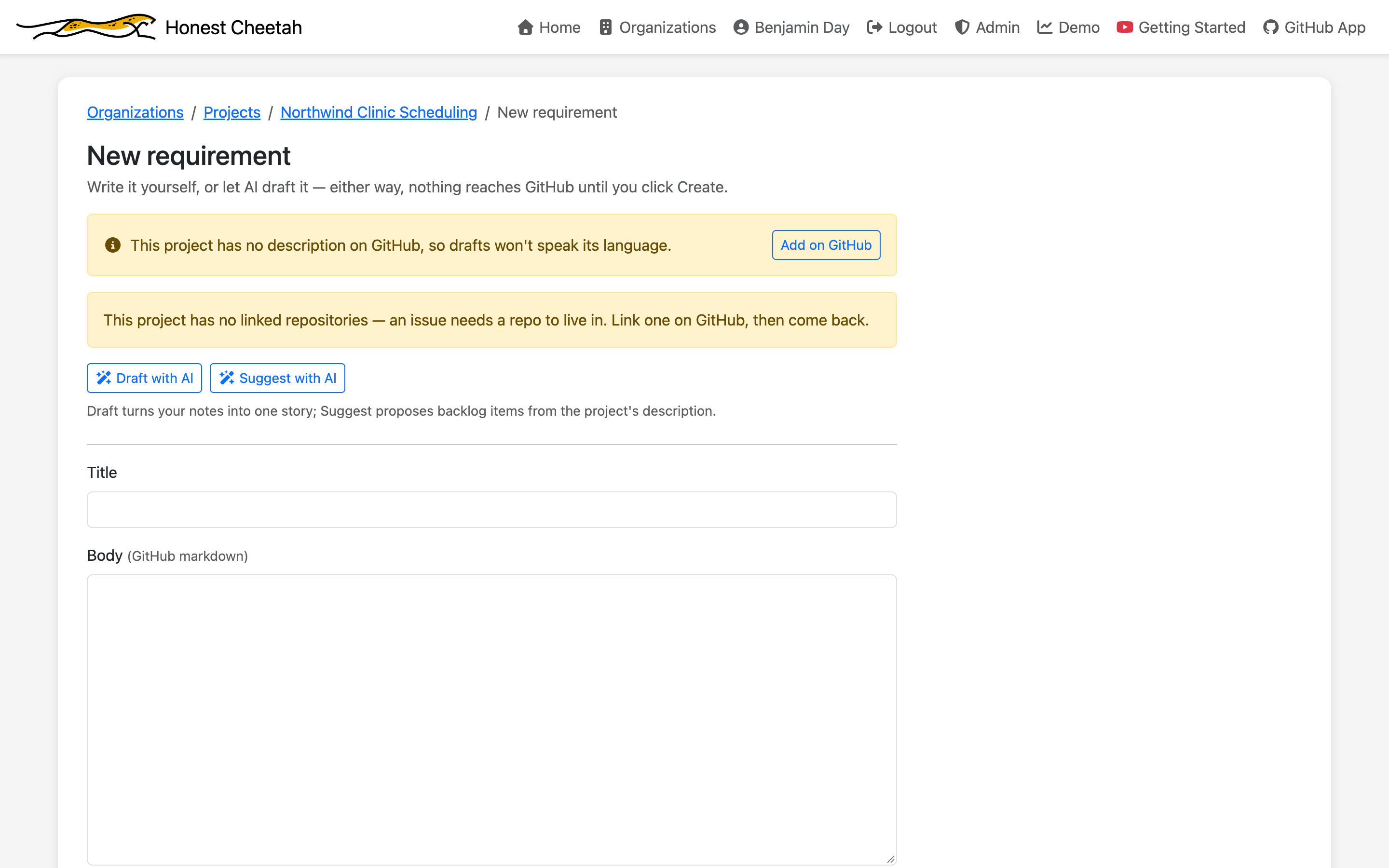 A notice that the project has no description on GitHub, so drafts won't speak its language