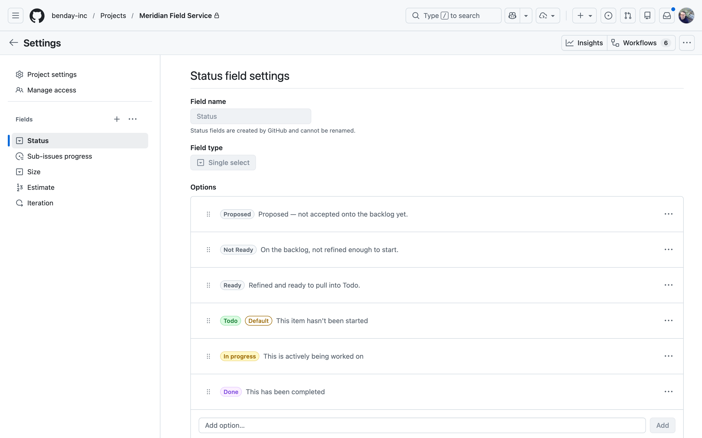 GitHub's own Status field settings showing Proposed, Not Ready, Ready, Todo, In progress, and Done