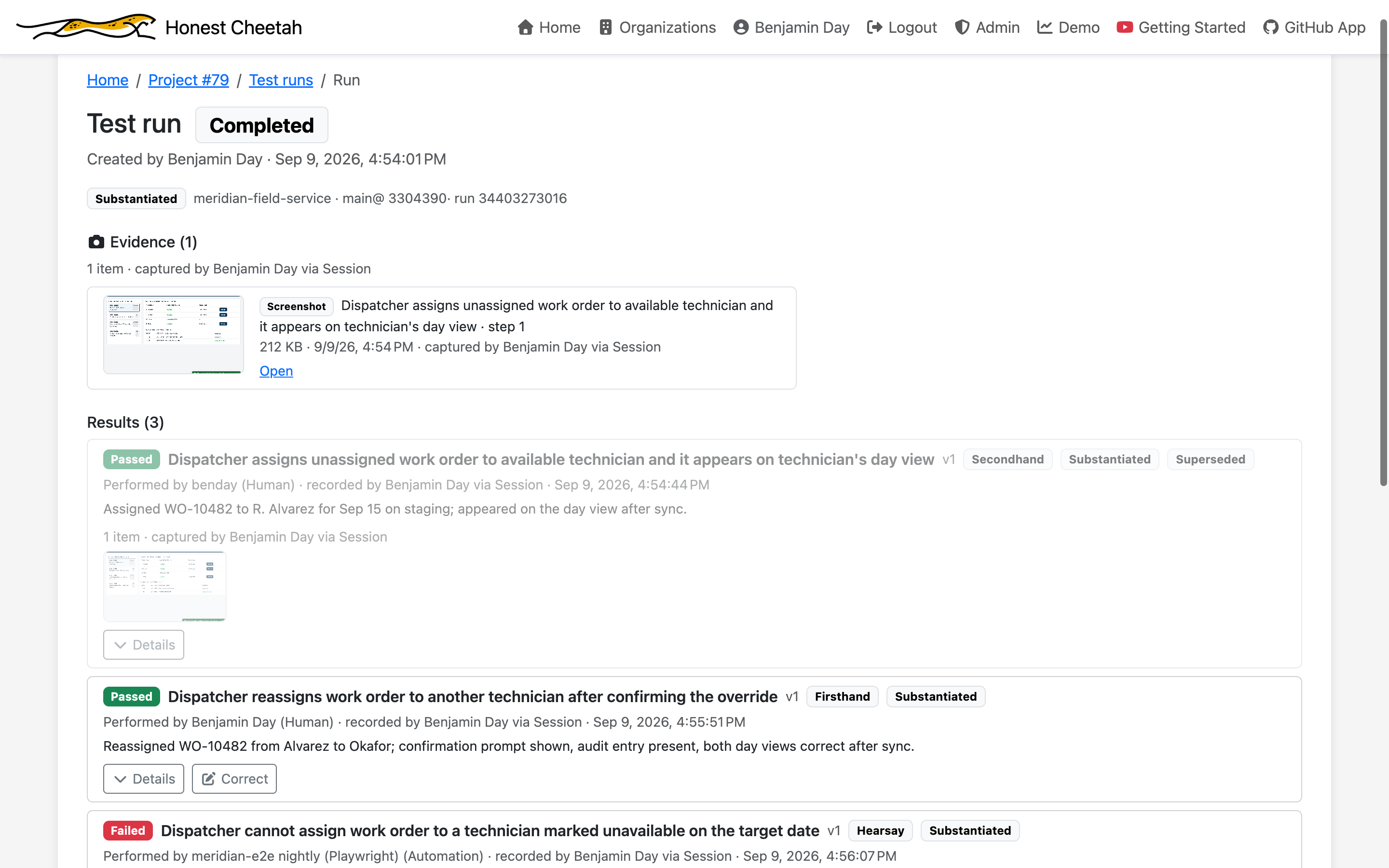 The inline bug form under a failed result, prefilled with run context