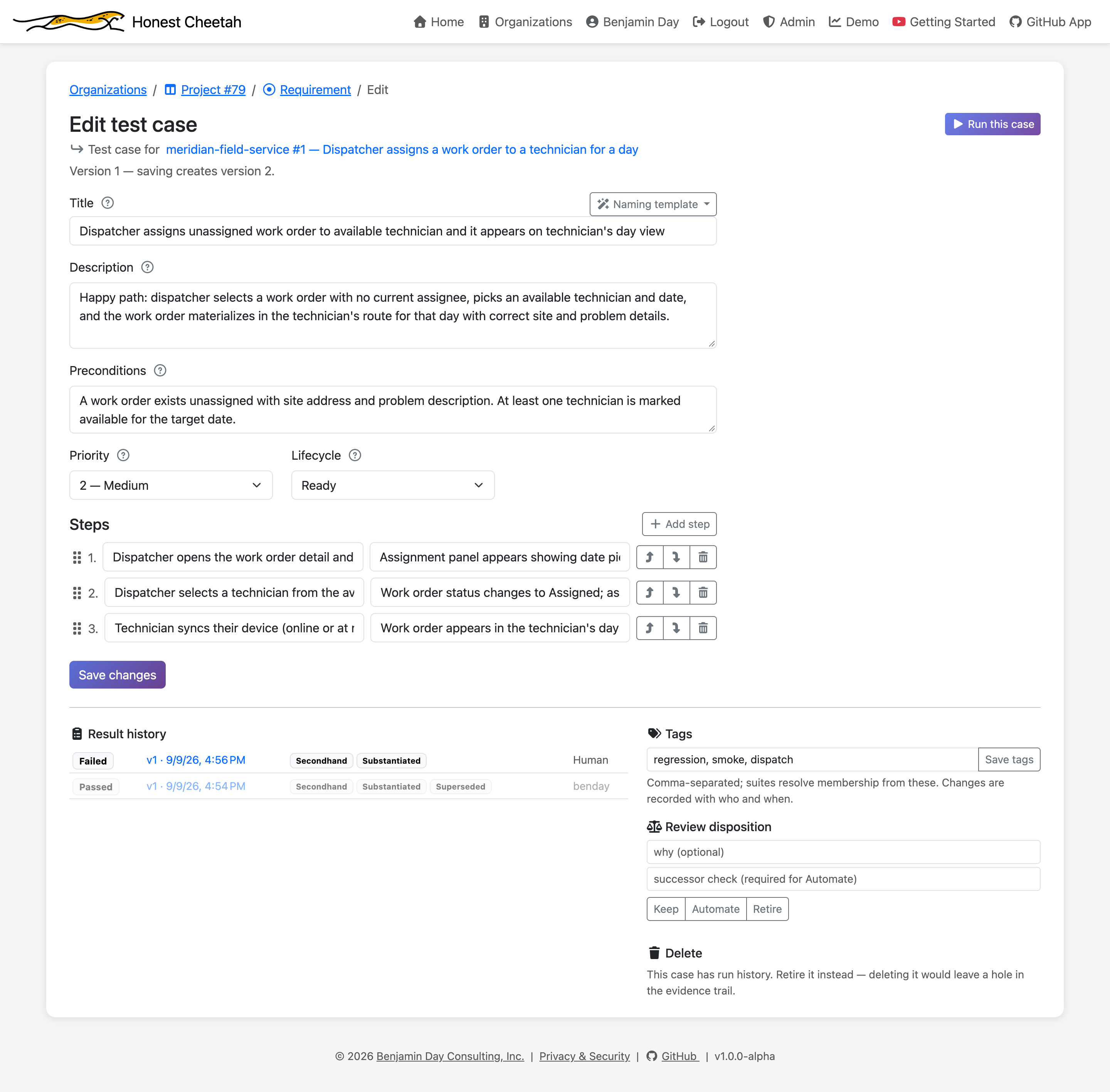 A test case editor showing steps, tags, and result history