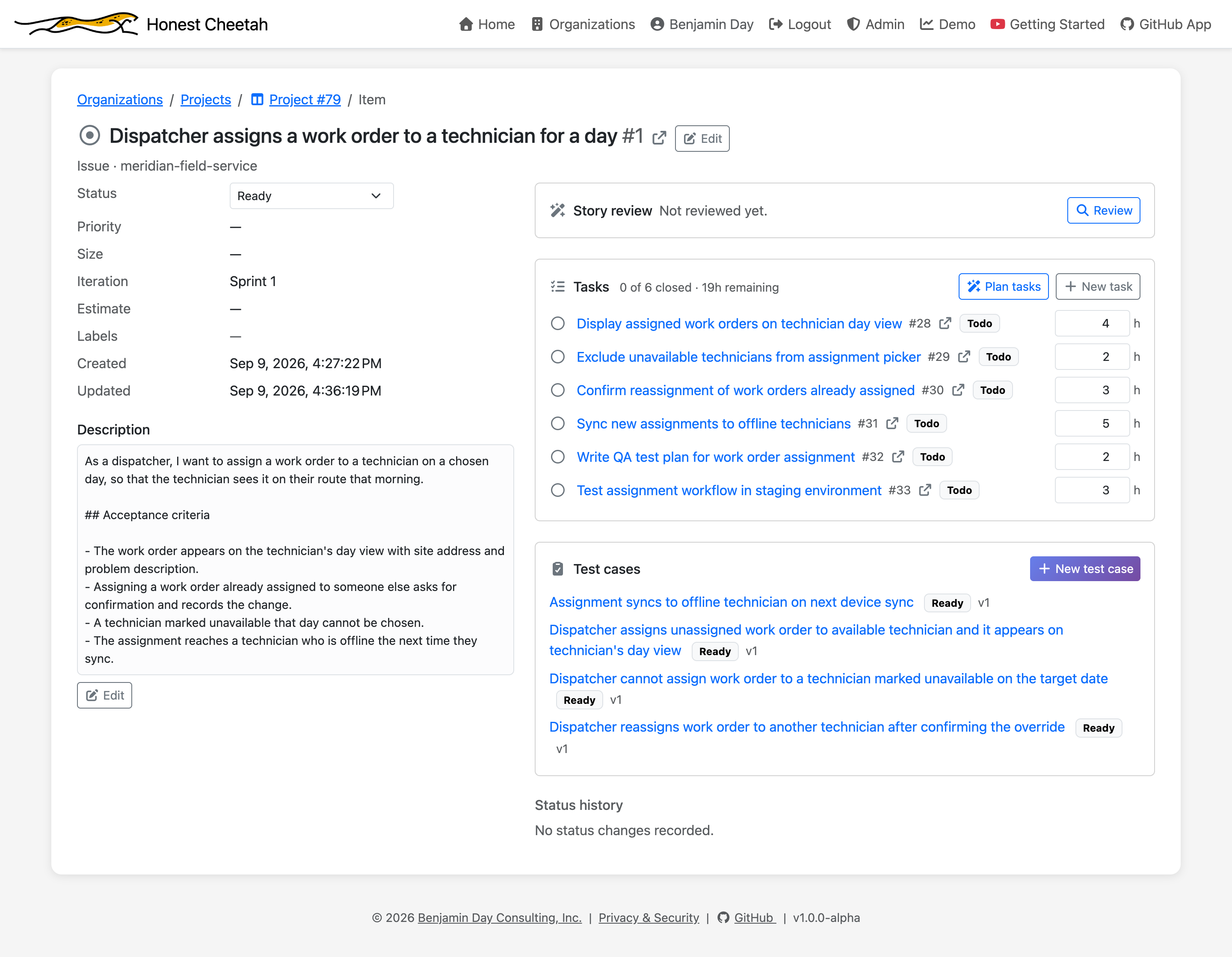 A requirement's details page with four linked test cases listed beneath it