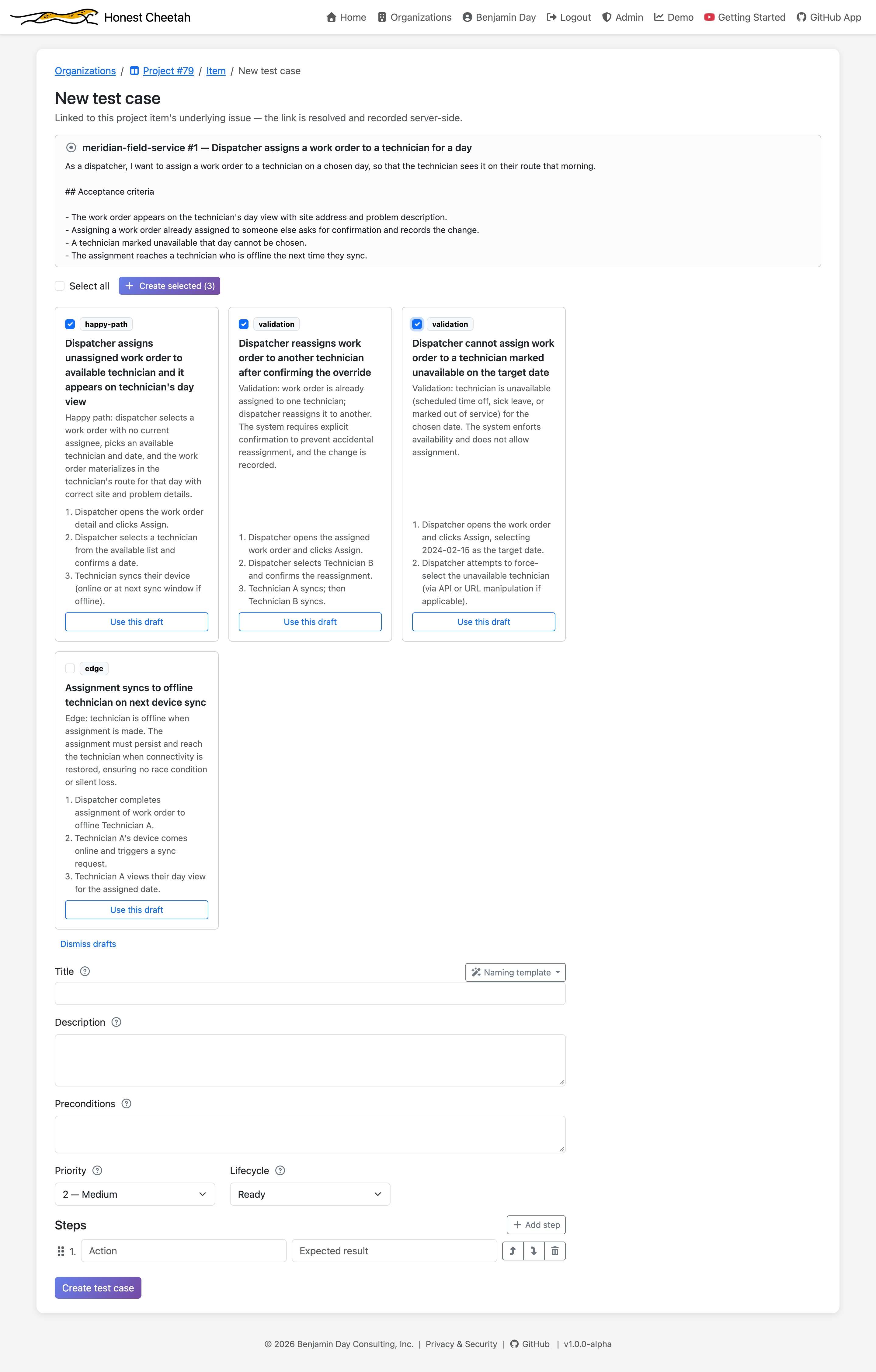 AI-drafted test cases shown as checkbox cards with happy-path, validation, and edge badges