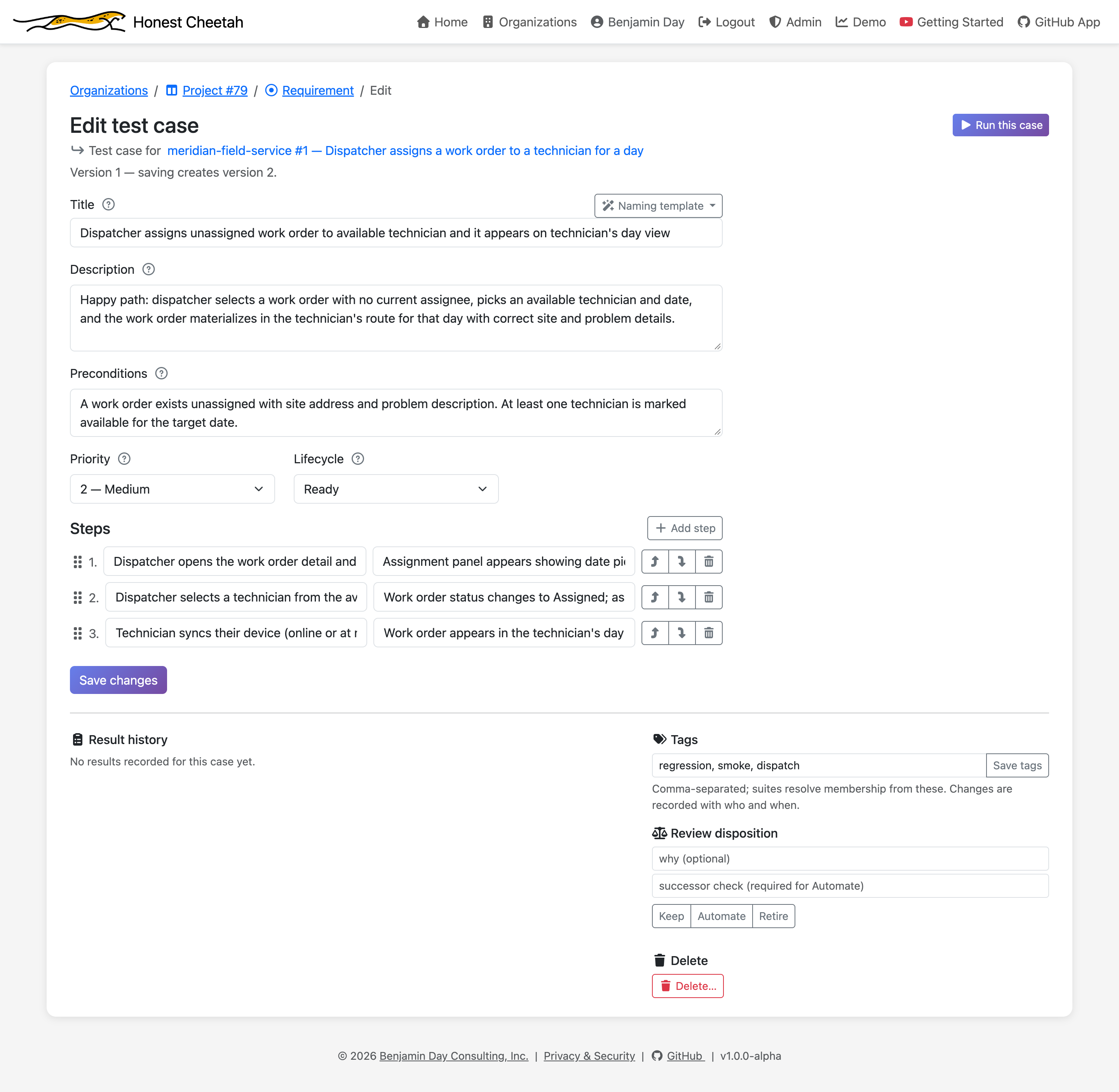 A test case with the Keep, Automate, and Retire review disposition
