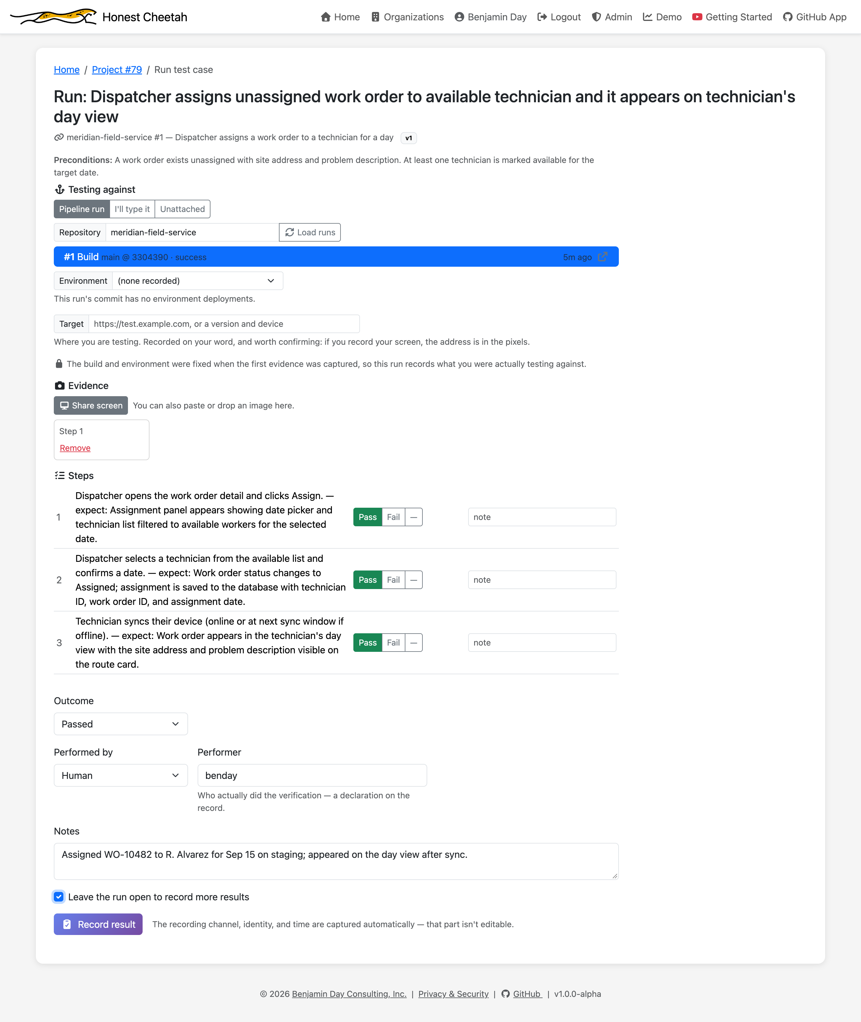 The runner mid-case with a screenshot attached to step 1 and three steps passed